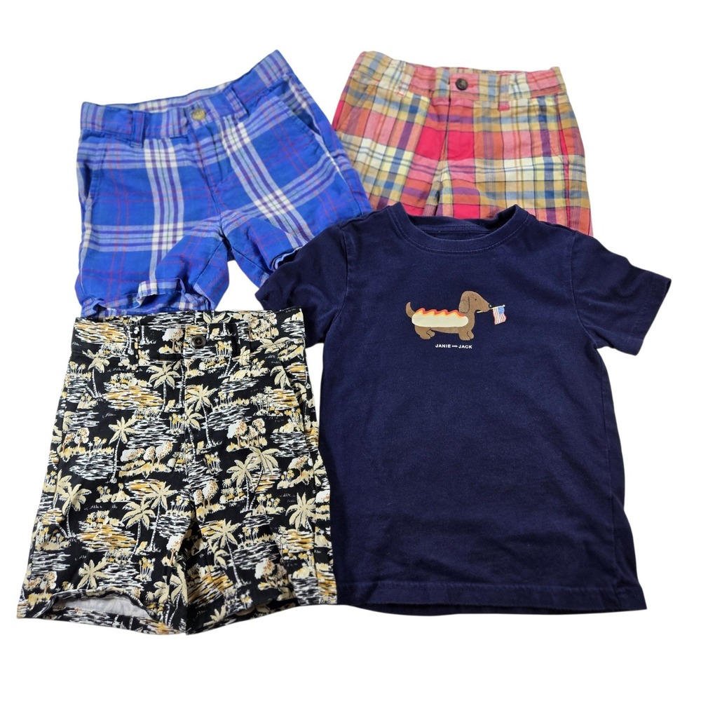 Janie and Jack Boys Size 4 Lot Navy Dachshund Tee 3 Pairs Plaid Palm Shorts
